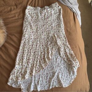 Forever 21 White Midi Skirt with Pink Floral Ruffle Hem